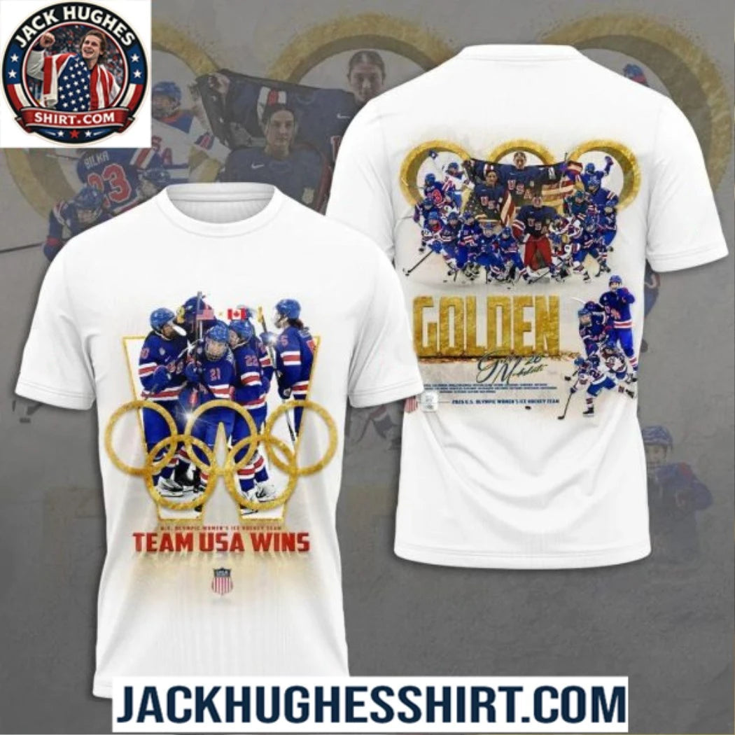 Team USA Wins Golden Olympic Champions Signature And Logo 2026 White Two Sided T-Shirt