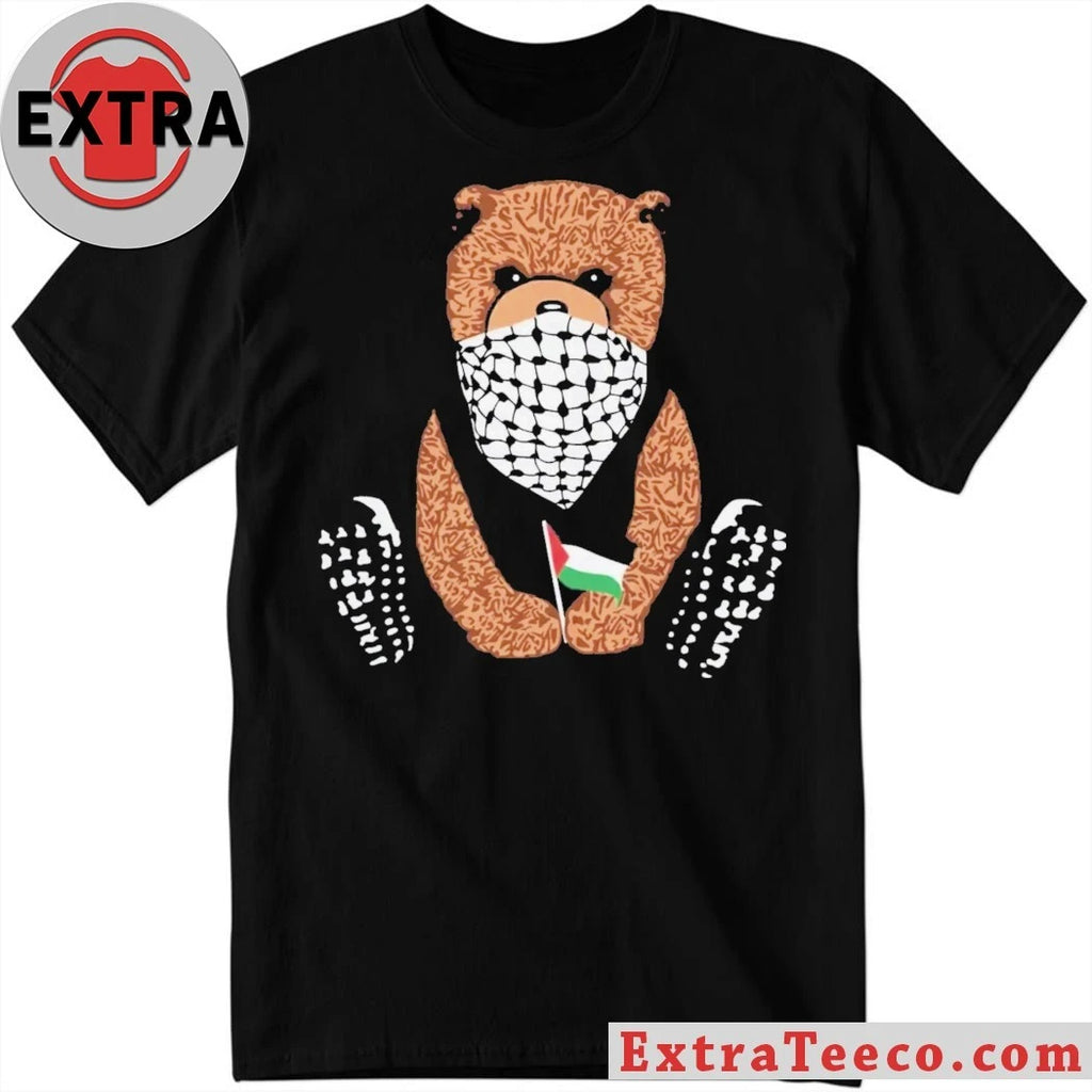 Teddy bear wearing a Keffiyeh scarf and holding a Palestinian flag Shirt
