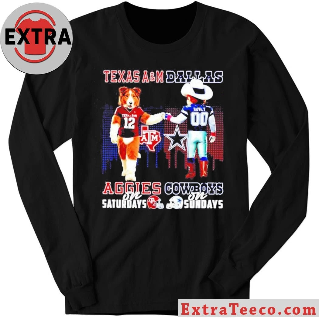 Texas A&amp;M Aggies on Saturdays x Dallas Cowboys on Sundays Mascots Reveille the Dog and Rowdy the Cowboy Skyline T-Shirt