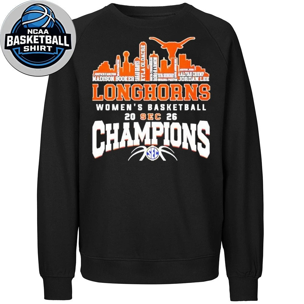 Texas Longhorns Women’s Basketball Champions 2026 player name city skyline logo shirt
