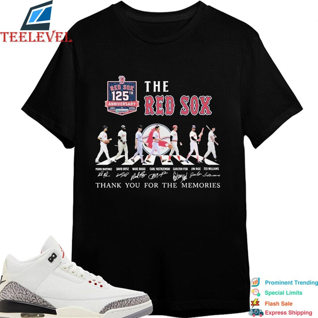 The Boston Red Sox 125th Anniversary Thank You For The Memories Road Abbey Signatures T-shirts