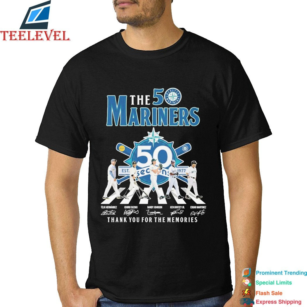 The Seattle Mariners 1977-2026 50 Season Thank You For The Memories Road Abbey Signature T-shirts