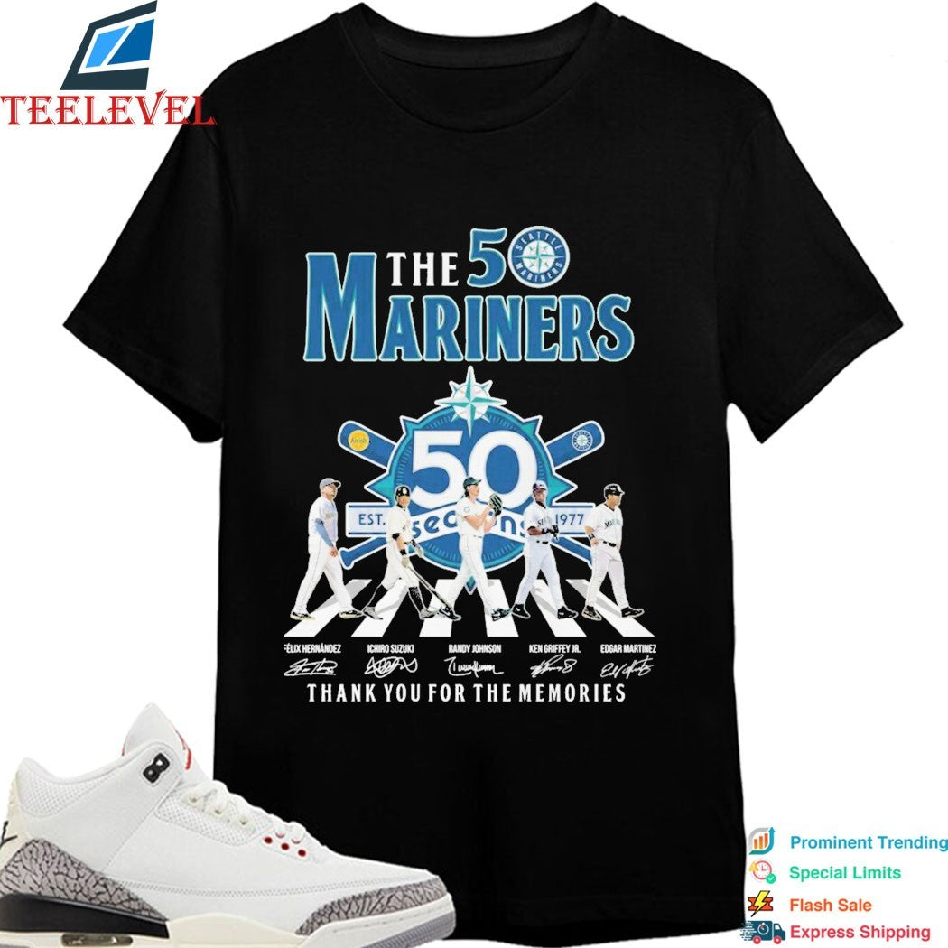 The Seattle Mariners 1977-2026 50 Season Thank You For The Memories Road Abbey Signature T-shirts