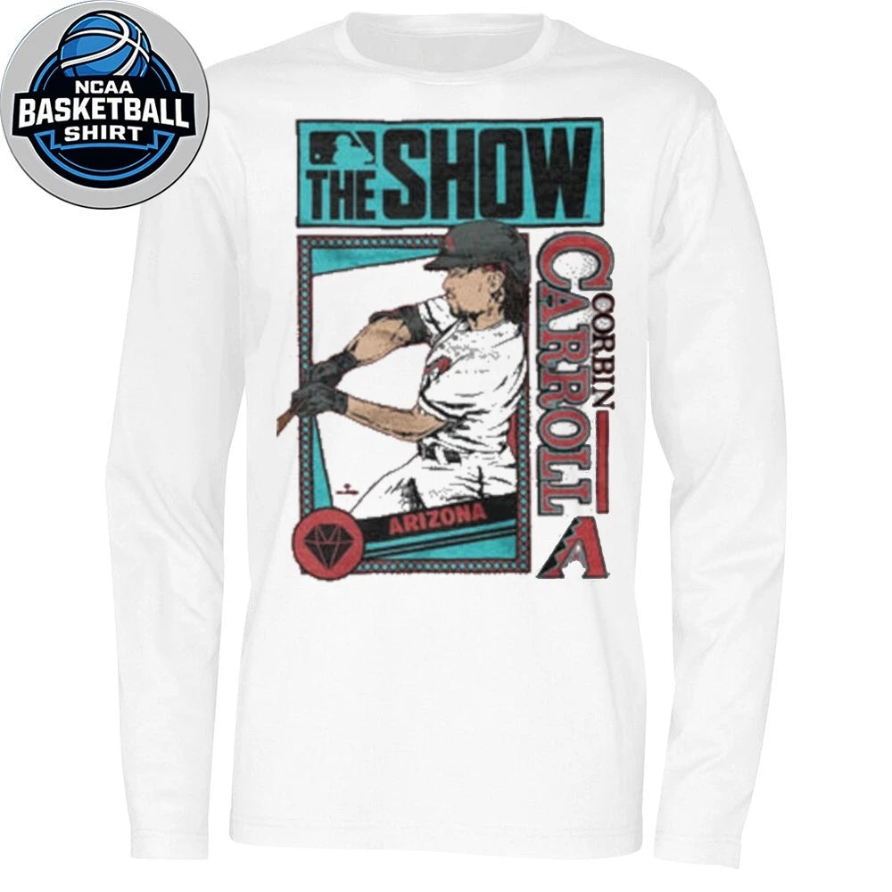 The T-shirt features a print of Arizona Diamondbacks baseball player Corbin Carroll and the MLB The Show video game
