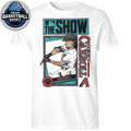 The T-shirt features a print of Arizona Diamondbacks baseball player Corbin Carroll and the MLB The Show video game