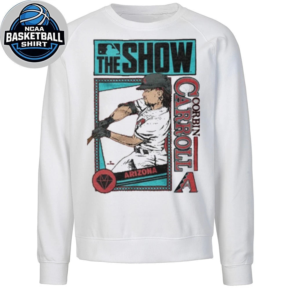 The T-shirt features a print of Arizona Diamondbacks baseball player Corbin Carroll and the MLB The Show video game