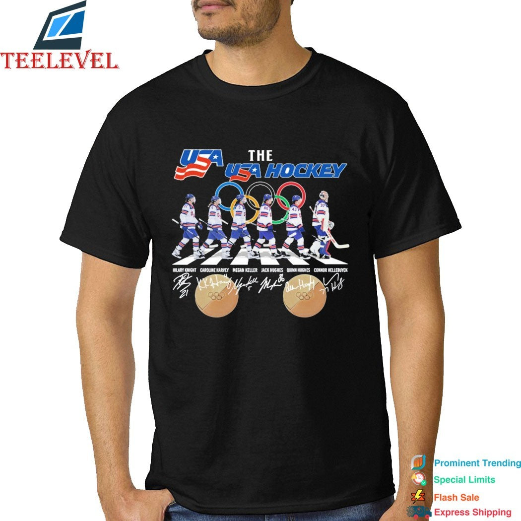 The USA Hockey Men’s Team Olympics 2026 Gold Medal Road Abbey Signatures T-Shirts