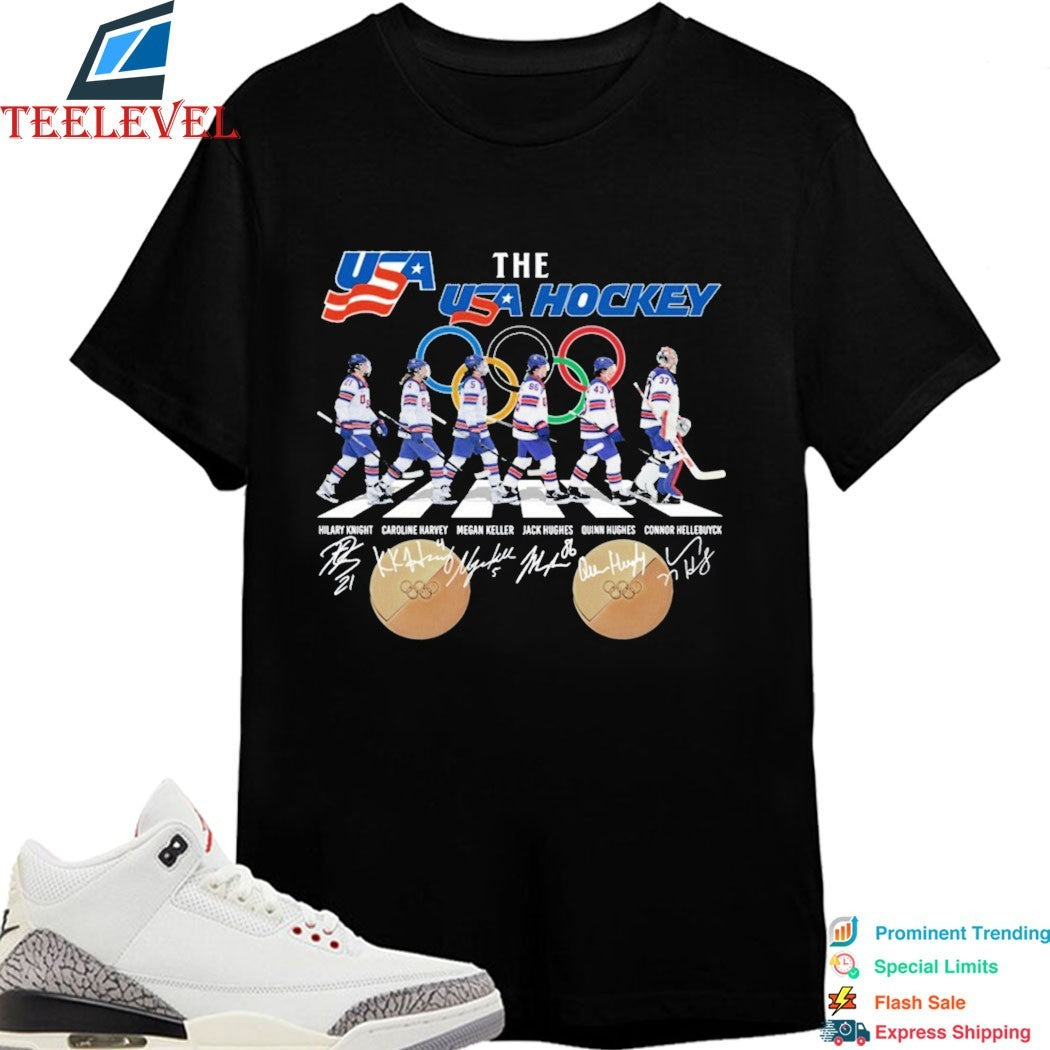 The USA Hockey Men’s Team Olympics 2026 Gold Medal Road Abbey Signatures T-Shirts
