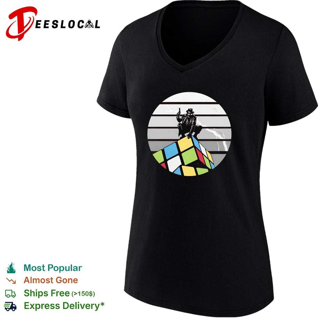 The Unsolved City Spider-Man Noir atop a Rubik’s Cube retro shirt