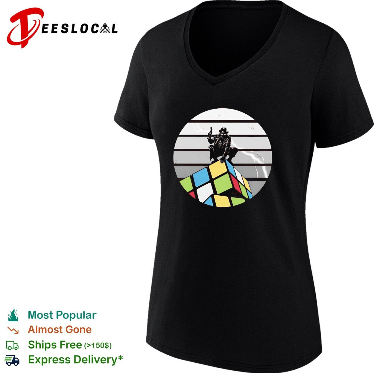 The Unsolved City Spider-Man Noir atop a Rubik’s Cube retro shirt