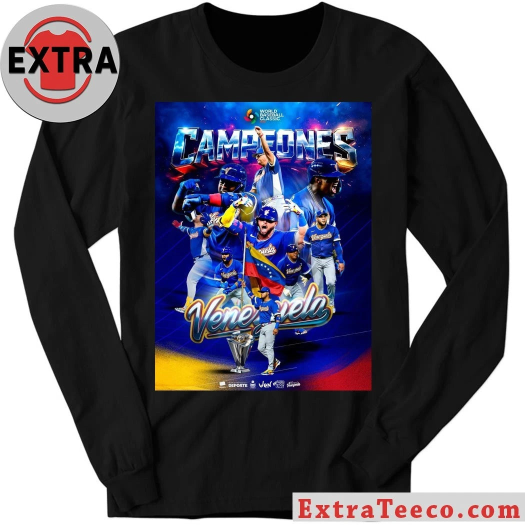 The Venezuelan national baseball team celebrates winning the 2026 World Baseball Classic after defeating the United States in the final Shirt