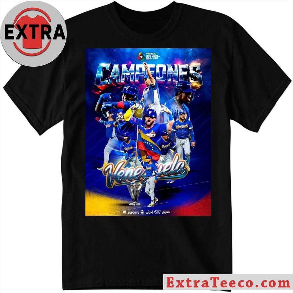 The Venezuelan national baseball team celebrates winning the 2026 World Baseball Classic after defeating the United States in the final Shirt
