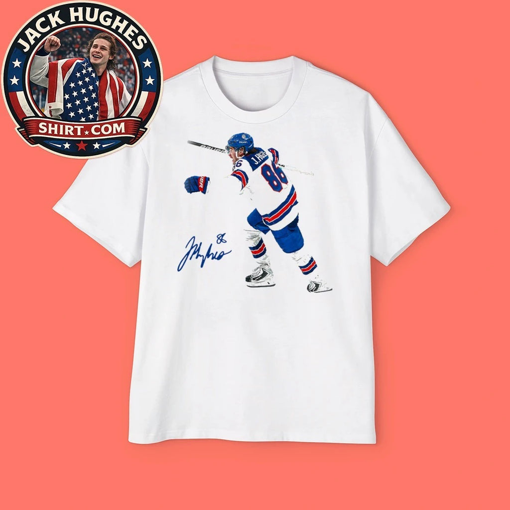 The signature of ice hockey player Jack Hughes, wearing jersey number 86 for the New York Rangers Shirt