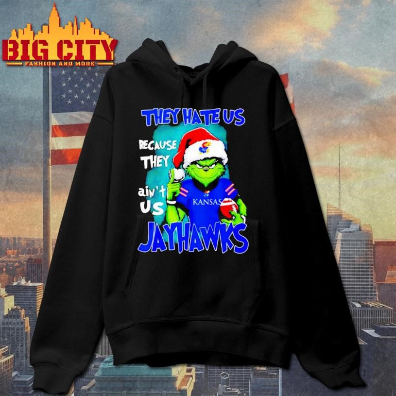They Hate Us Because They Aint Us Kansas Jayhawks Grinch Wearing Santa Hat Shirt