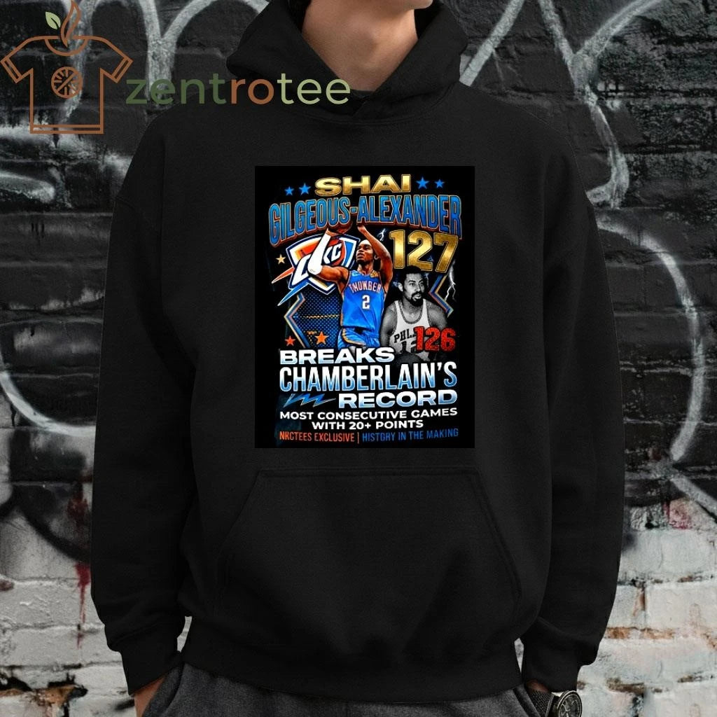 Top SGA 127 Games Record T-Shirt – Shai Gilgeous-Alexander Breaks Wilt Chamberlain Streak Tee