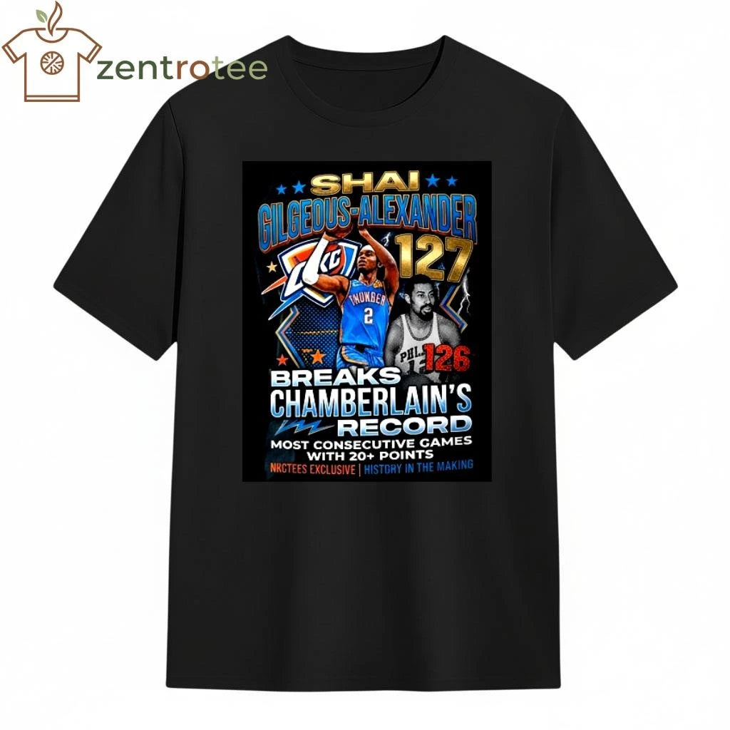 Top SGA 127 Games Record T-Shirt – Shai Gilgeous-Alexander Breaks Wilt Chamberlain Streak Tee
