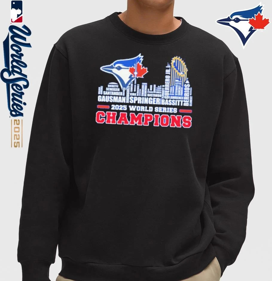 Toronto Blue Jays Player Names 2025 World Series Champions City Skyline T-Shirt
