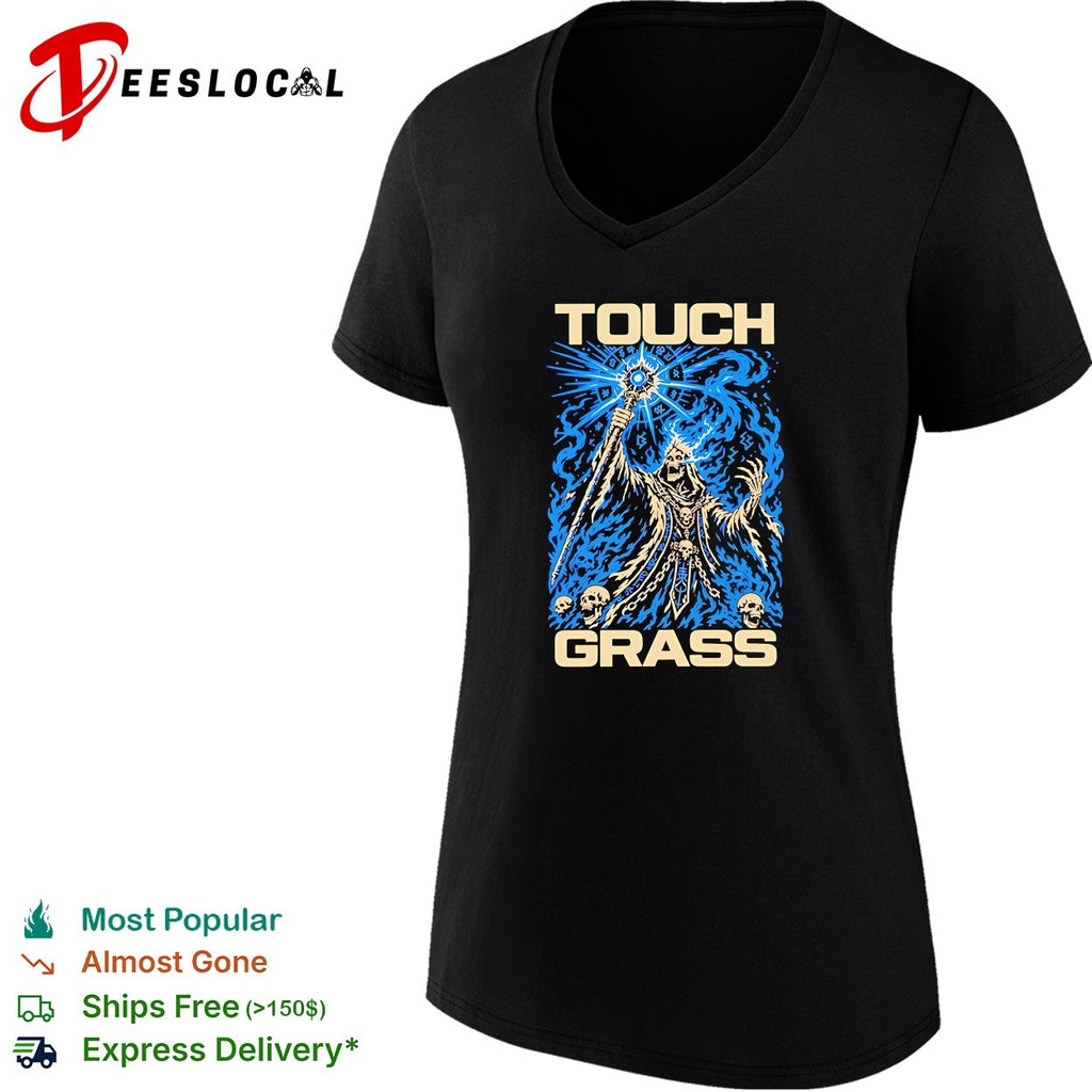 Touch grass necromancer skull sorcerer fantasy skeleton magic blue fire shirt