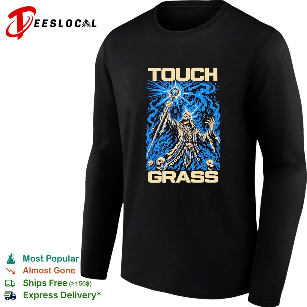 Touch grass necromancer skull sorcerer fantasy skeleton magic blue fire shirt