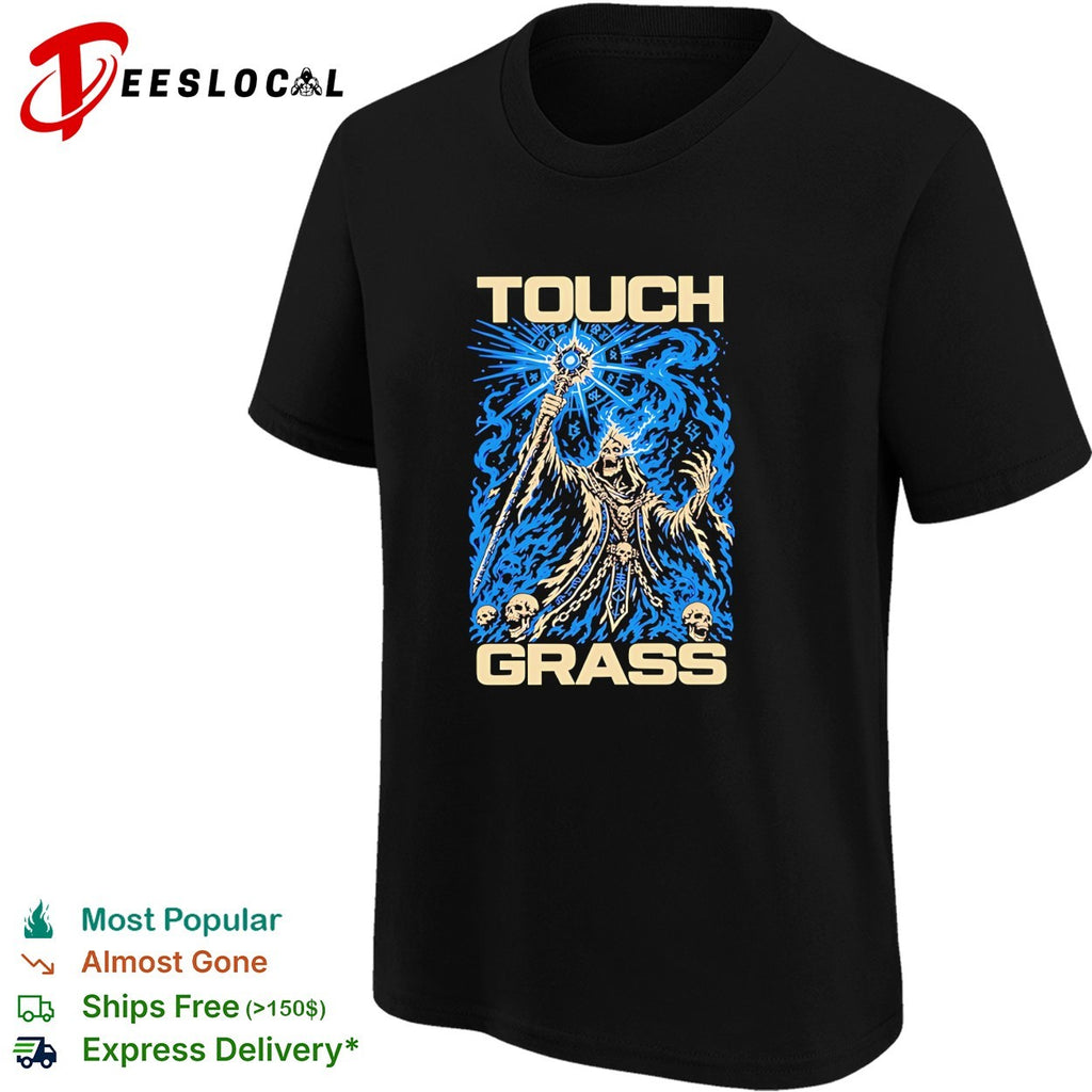 Touch grass necromancer skull sorcerer fantasy skeleton magic blue fire shirt