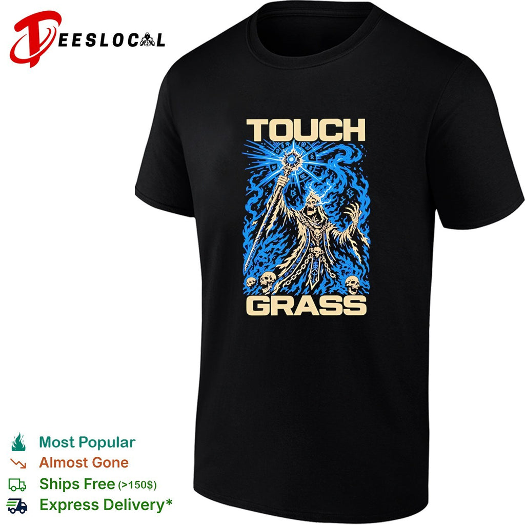 Touch grass necromancer skull sorcerer fantasy skeleton magic blue fire shirt