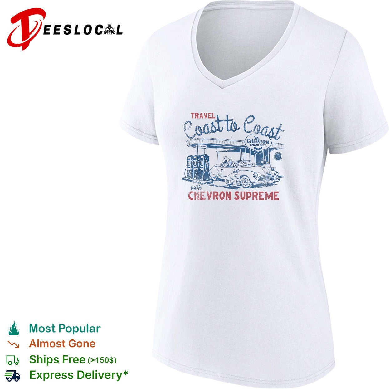 Travel coast to coast with Chevron Supreme gasolines service station retro shirt