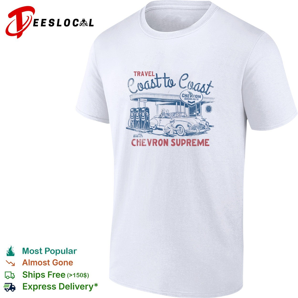 Travel coast to coast with Chevron Supreme gasolines service station retro shirt