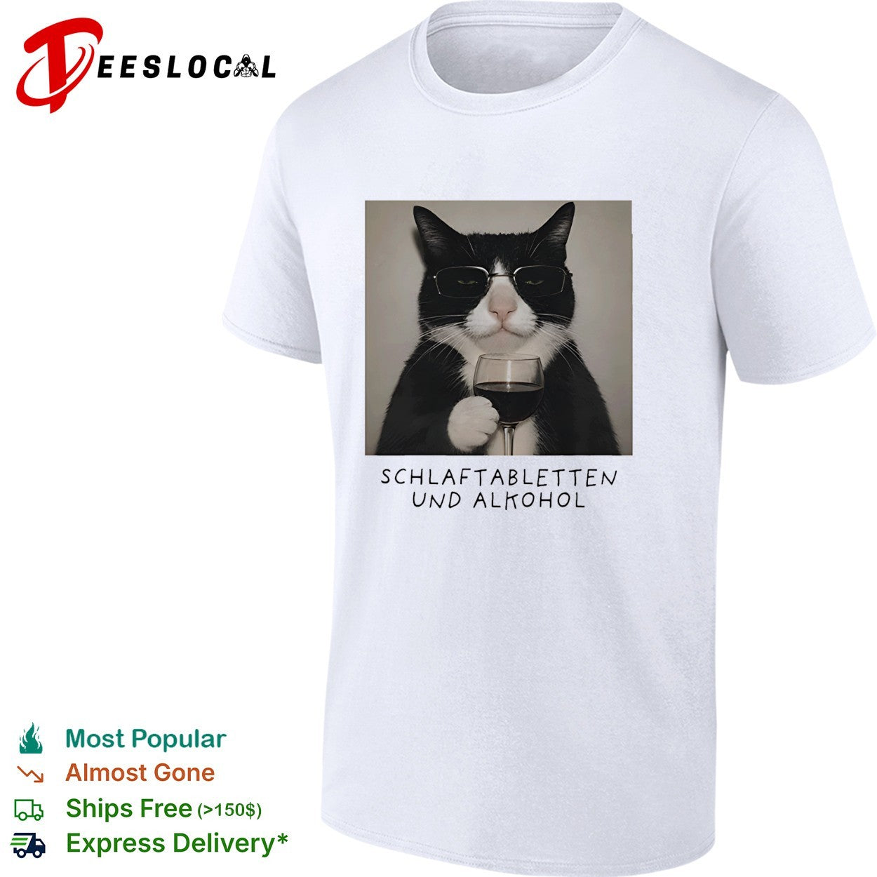 Tuxedo cat wine glass deadpan German caption shirt