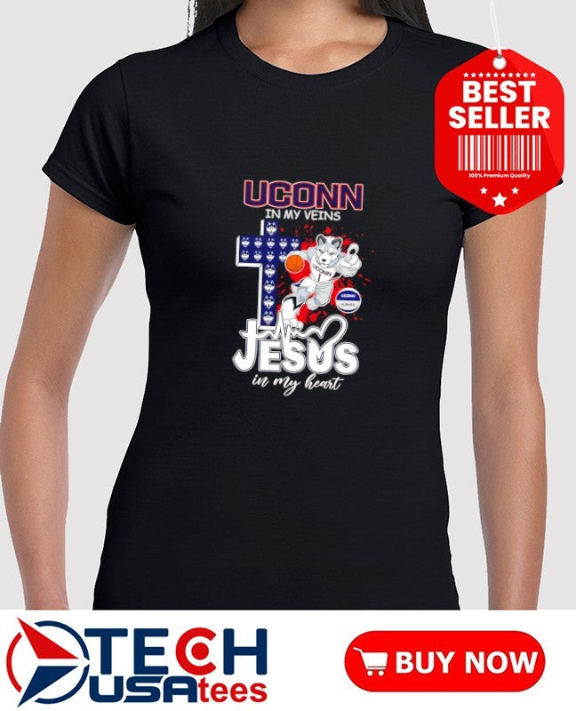 UConn Huskies in my veins Jesus in my heart cross mascot shirt