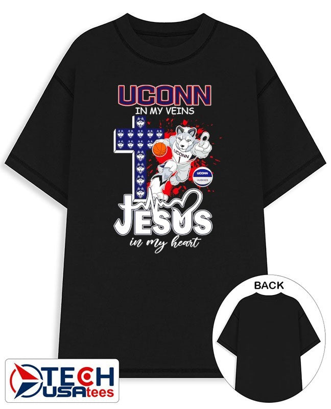 UConn Huskies in my veins Jesus in my heart cross mascot shirt