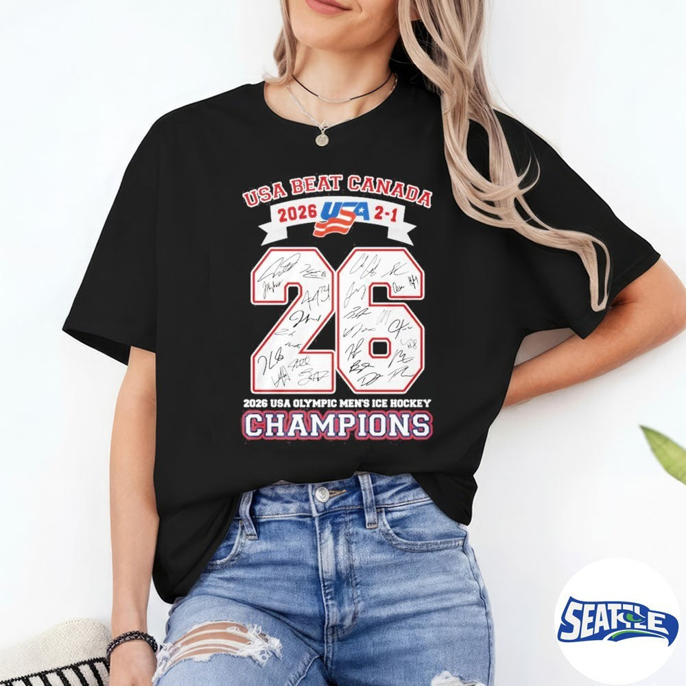 USA Beat Canada 2026 2-1 USA Olympic Men’s Ice Hockey Champions Signatures shirt