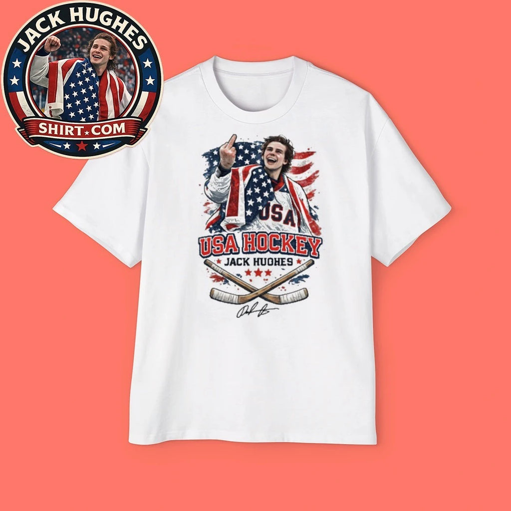 USA Gold Hockey Jack Hughes Flag And Signature New T-Shirt