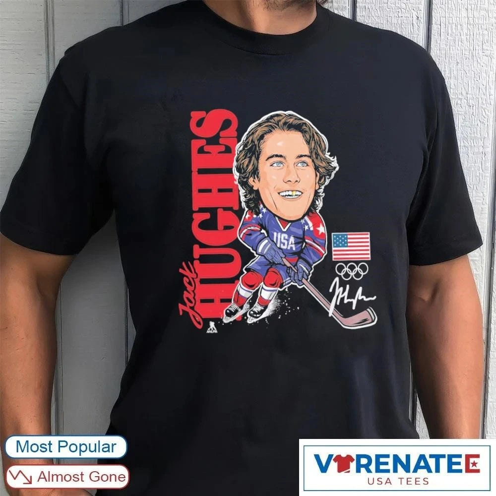 USA Hockey Jack Hughes Gold Medal Caricature Signature shirt