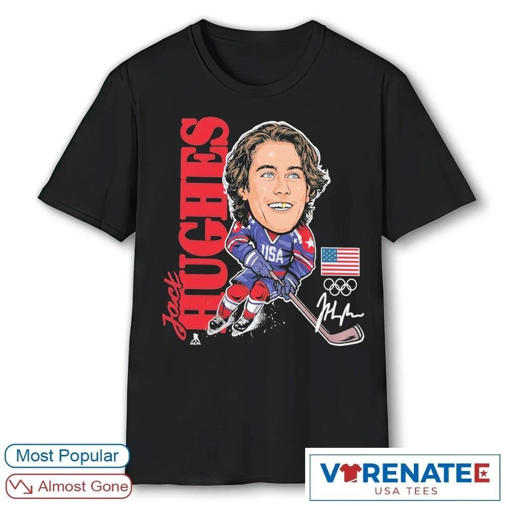 USA Hockey Jack Hughes Gold Medal Caricature Signature shirt