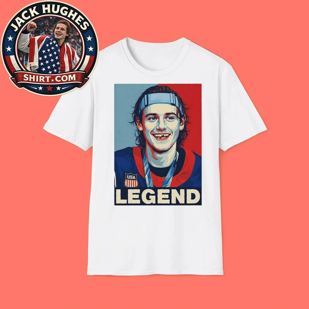 USA Hockey Jack Hughes Legend Hockey Gold Medal Shirt