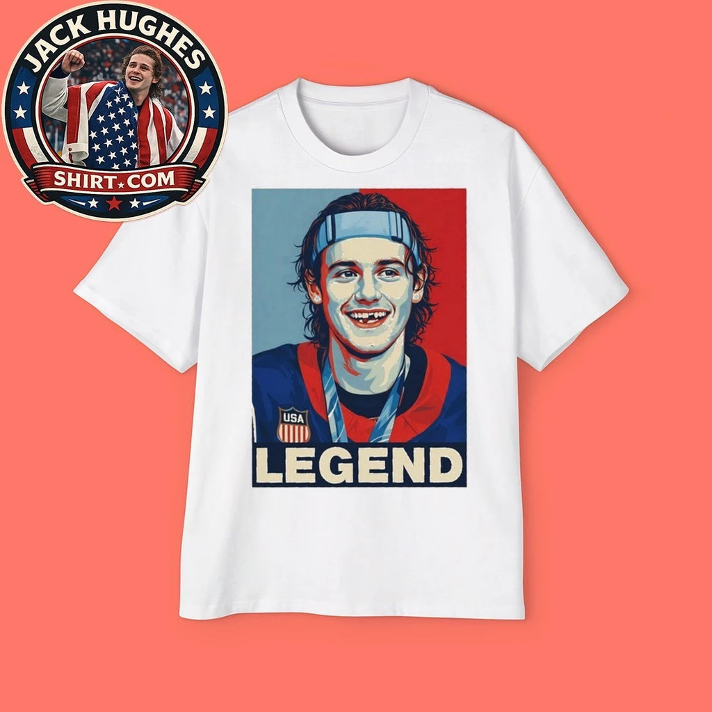 USA Hockey Jack Hughes Legend Hockey Gold Medal Shirt