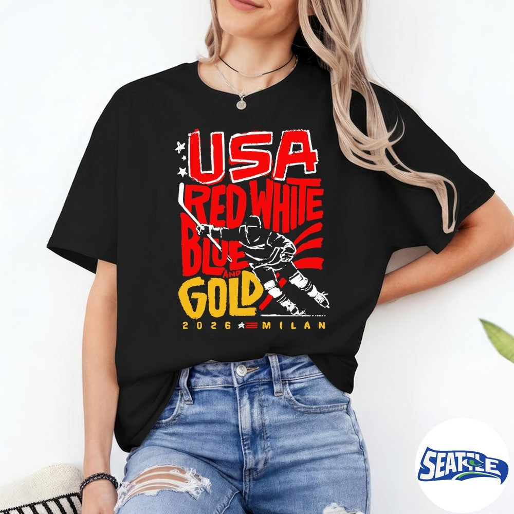 USA Hockey Red, White, Blue and Gold 2026 Milan shirt