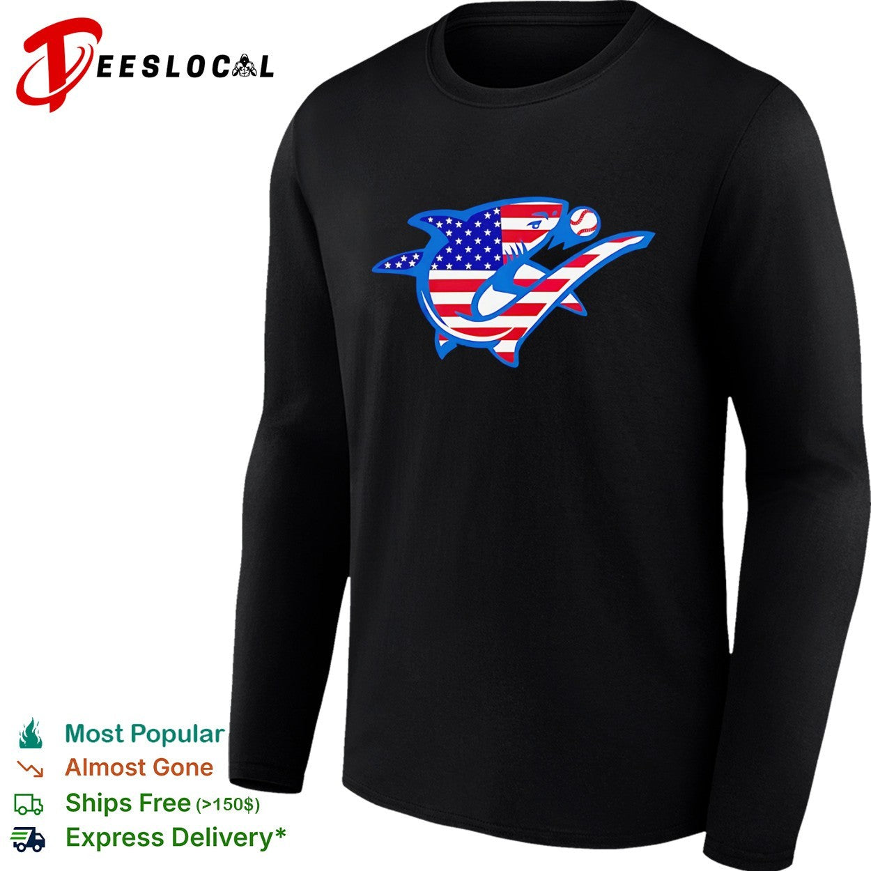 USA flag shark with baseball sports logo American animal shirt