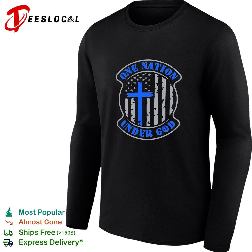USA thin blue line Christian cross one nation under God shirt