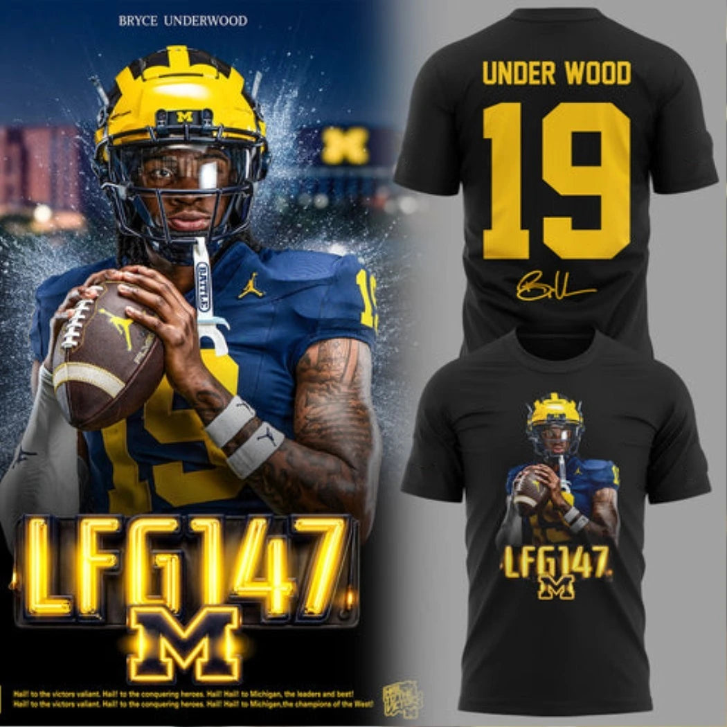 Under Wood #19 Michigan Wolverines Navy Logo Two-Sided Graphic T-Shirt