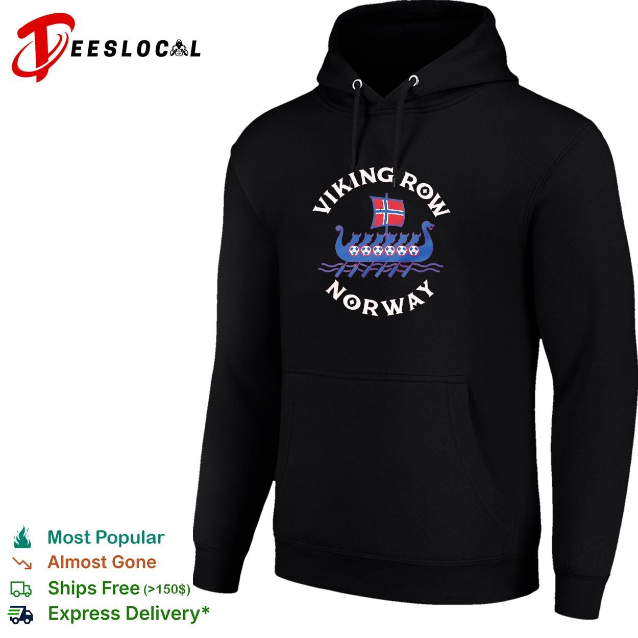 Viking Row Noway ship with a Norwegian flag sail and soccer balls along the side shirt