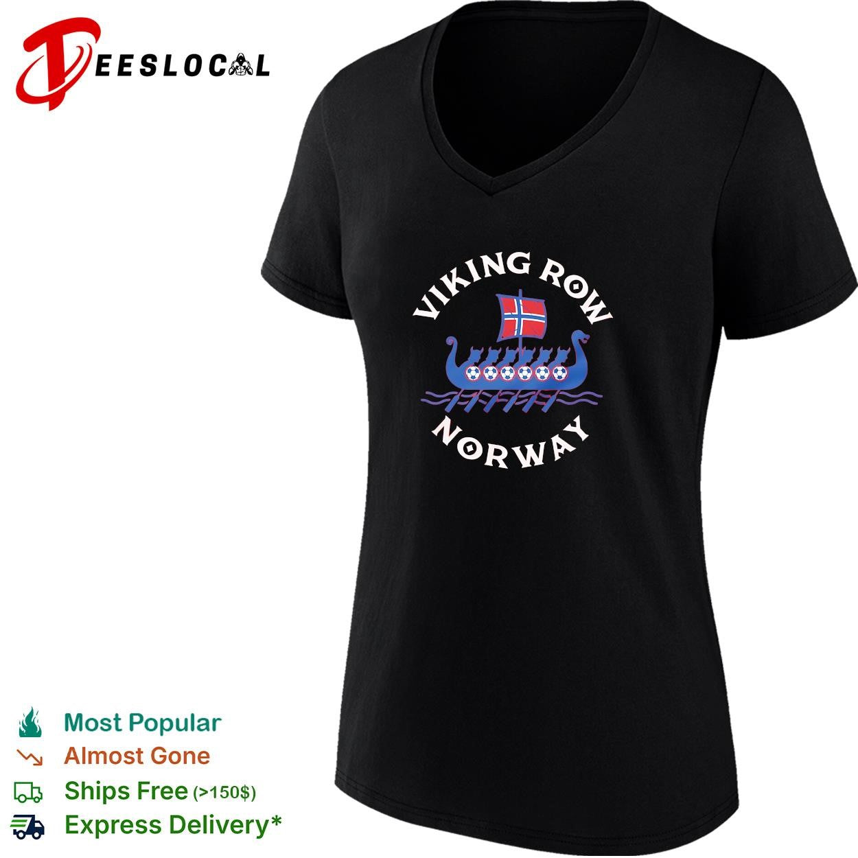 Viking Row Noway ship with a Norwegian flag sail and soccer balls along the side shirt