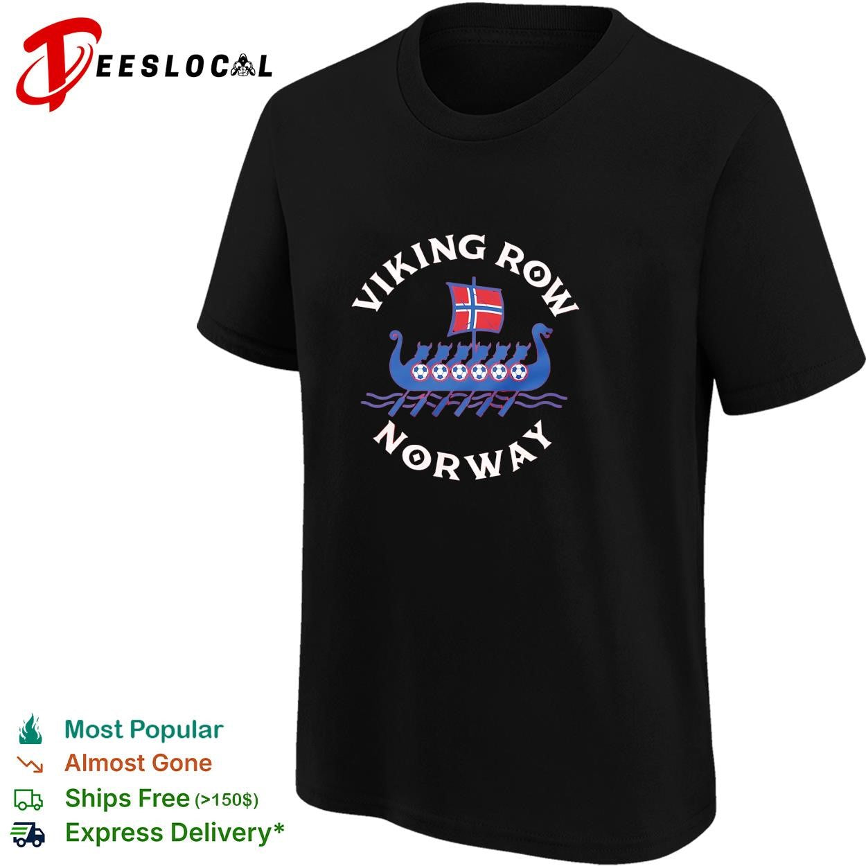 Viking Row Noway ship with a Norwegian flag sail and soccer balls along the side shirt