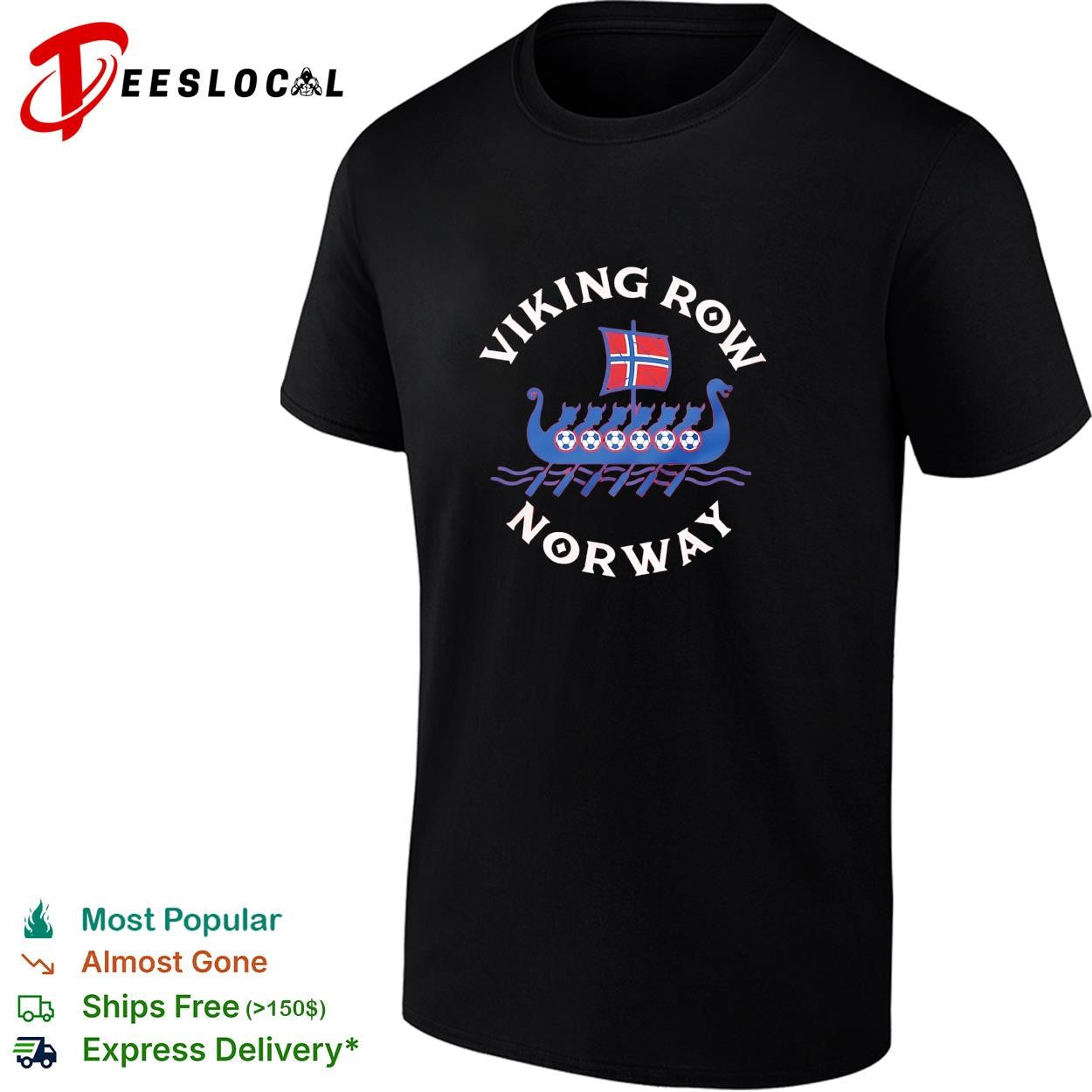 Viking Row Noway ship with a Norwegian flag sail and soccer balls along the side shirt