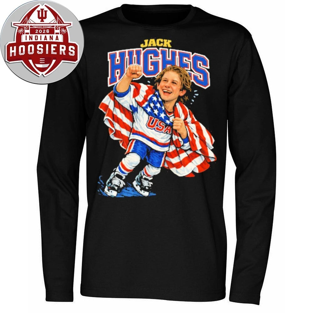 Vintage Caricature Jack Hughes Usa Hockey Champions Flag T-Shirt