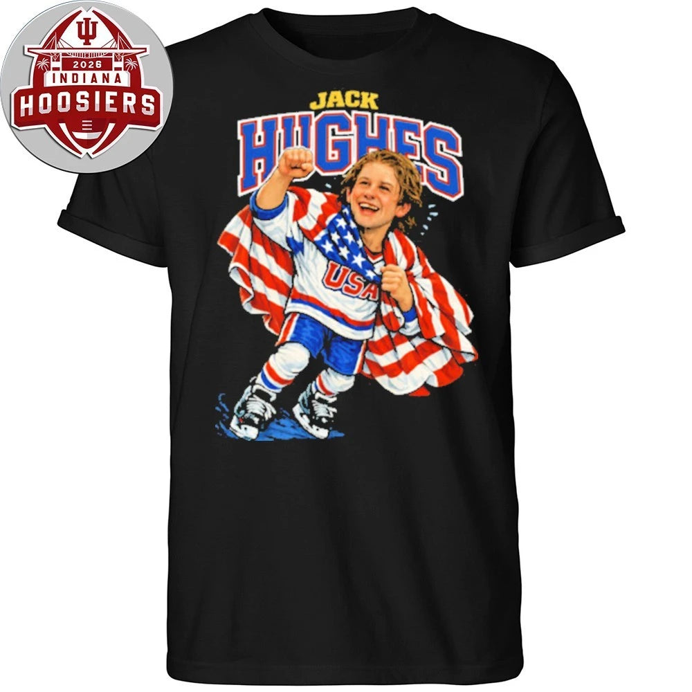 Vintage Caricature Jack Hughes Usa Hockey Champions Flag T-Shirt