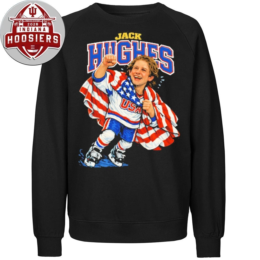 Vintage Caricature Jack Hughes Usa Hockey Champions Flag T-Shirt