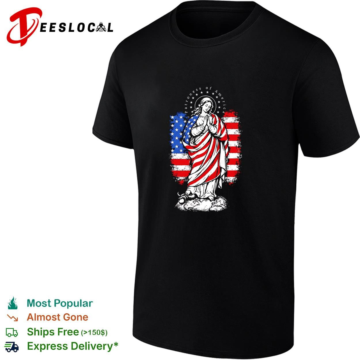 Virgin Mary praying wrapped in American flag patriotic religious graphic shirt