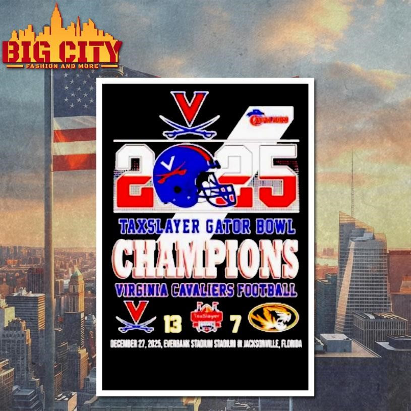 Virginia Cavaliers 2025 Taxslayer Gator Bowl Champions Helmet Score Shirt