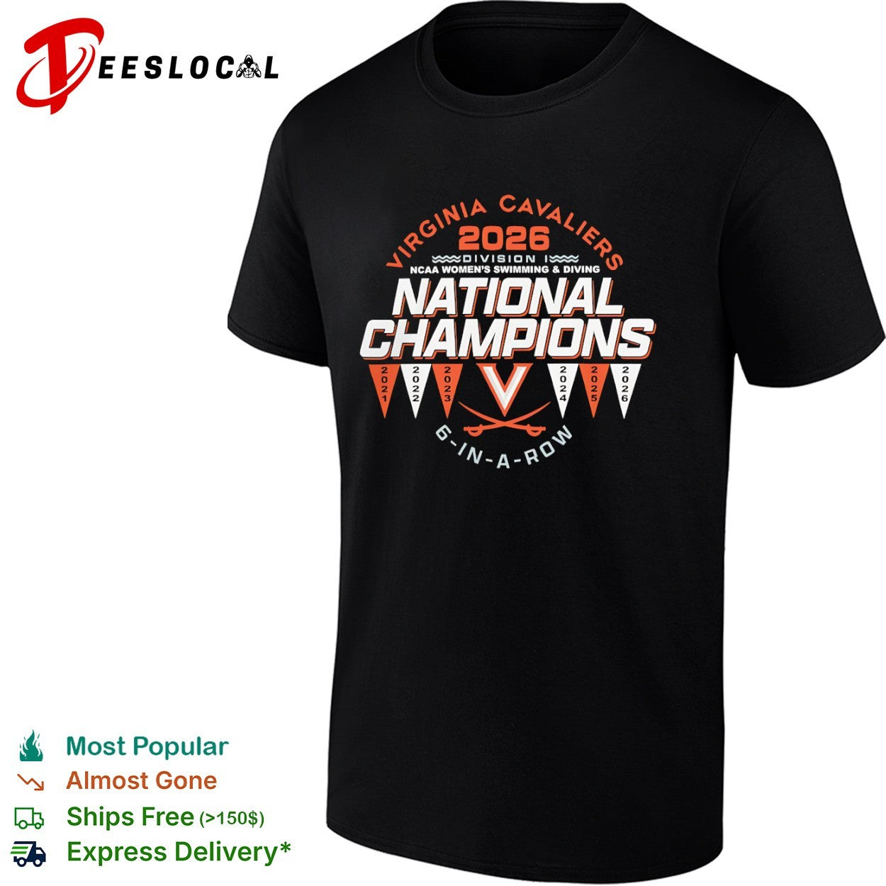Virginia Cavaliers 2026 National Champions 6 in a row NCAA swimming diving shirt